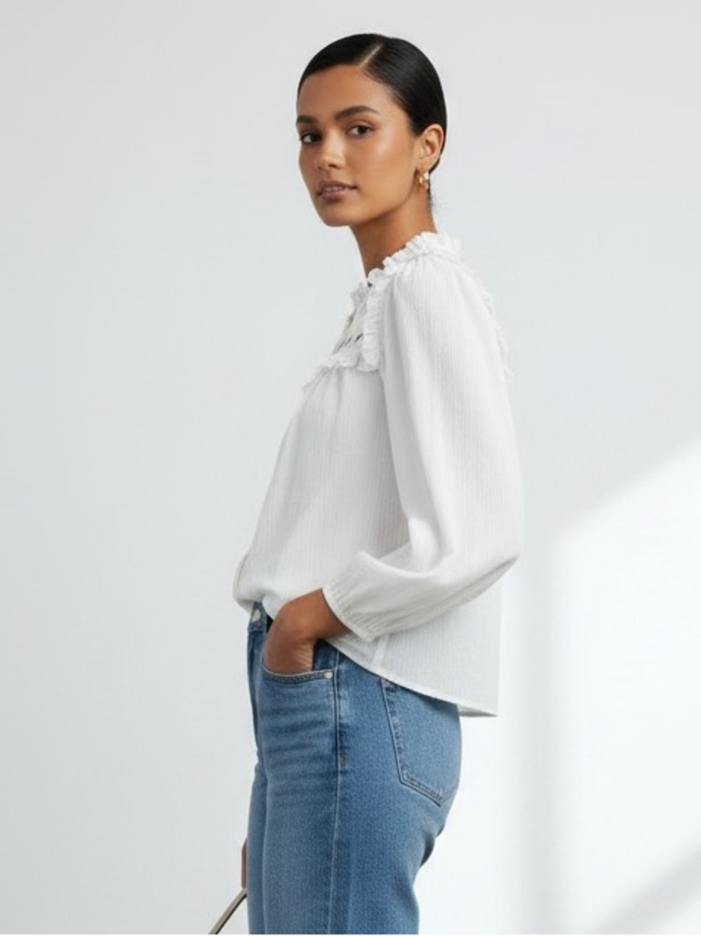 Women's White Ruffled Yoke Button-Front Blouse - Picture 9 of 10